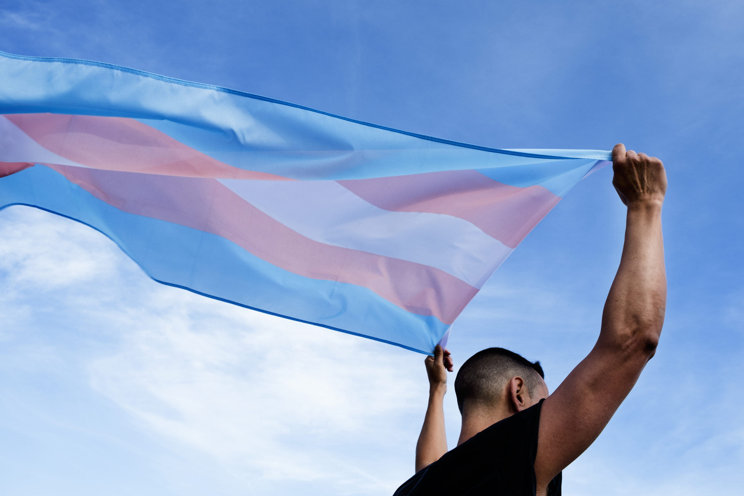 Person holds trans flag, which flies behind them in the wind